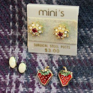Lot of Opal, Enamel Strawberry and Rhinestone Pierced Earrings